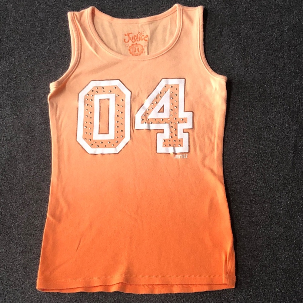 Justice Girl's 100% Cotton Ombre Orange Tank Top + White '04' Stud Detail Size 7